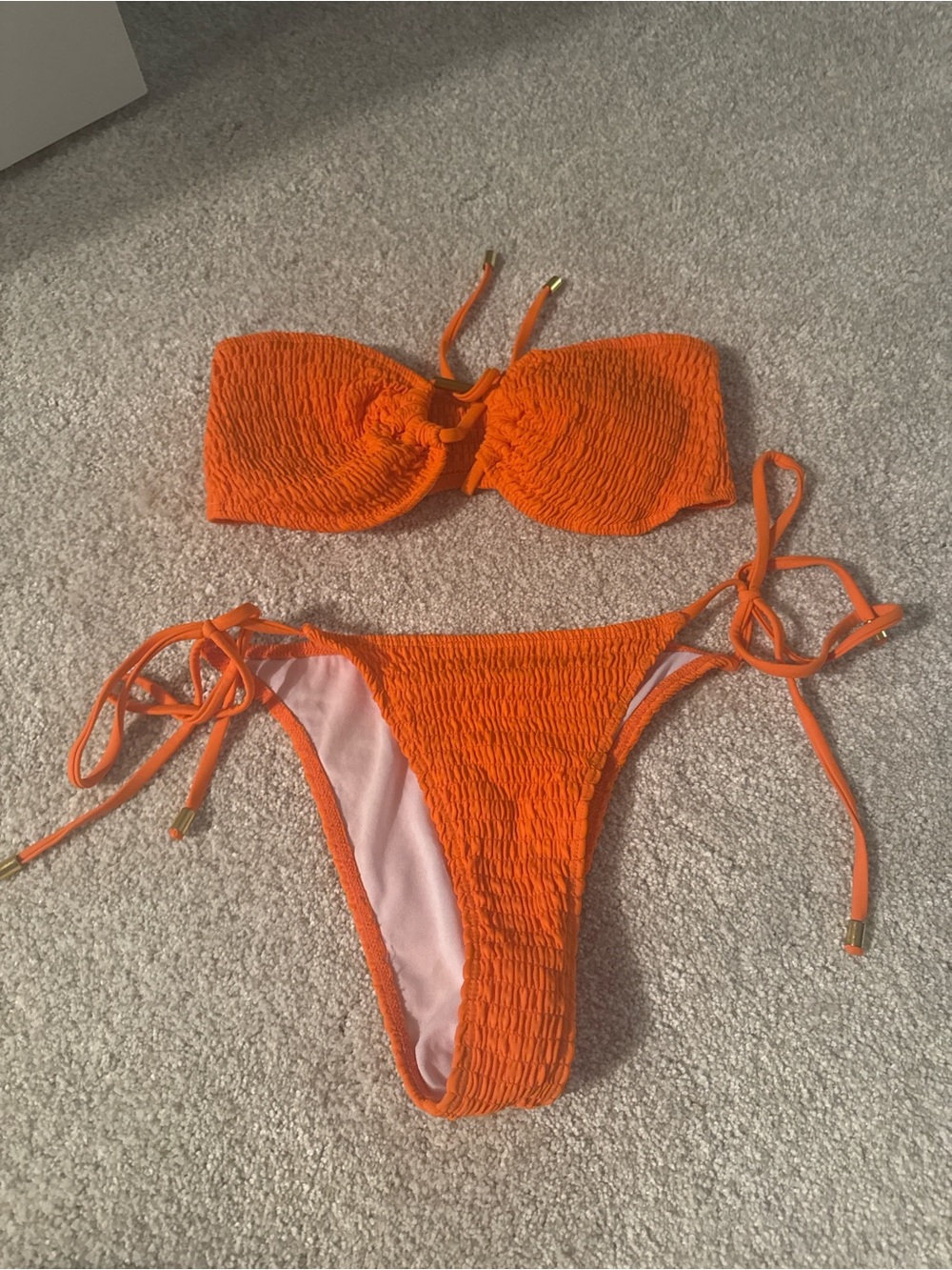 SHEIN Orange Smocked Tie-Side Bikini Set